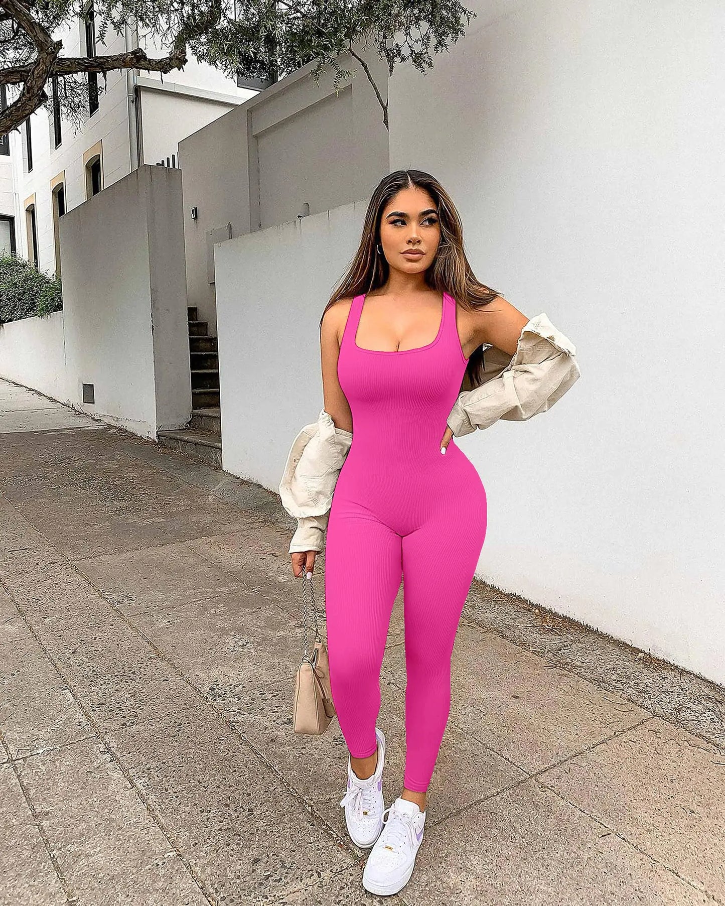 Women's Seamless Yoga Bodysuit Ribbed Tank Romper Medium Rose