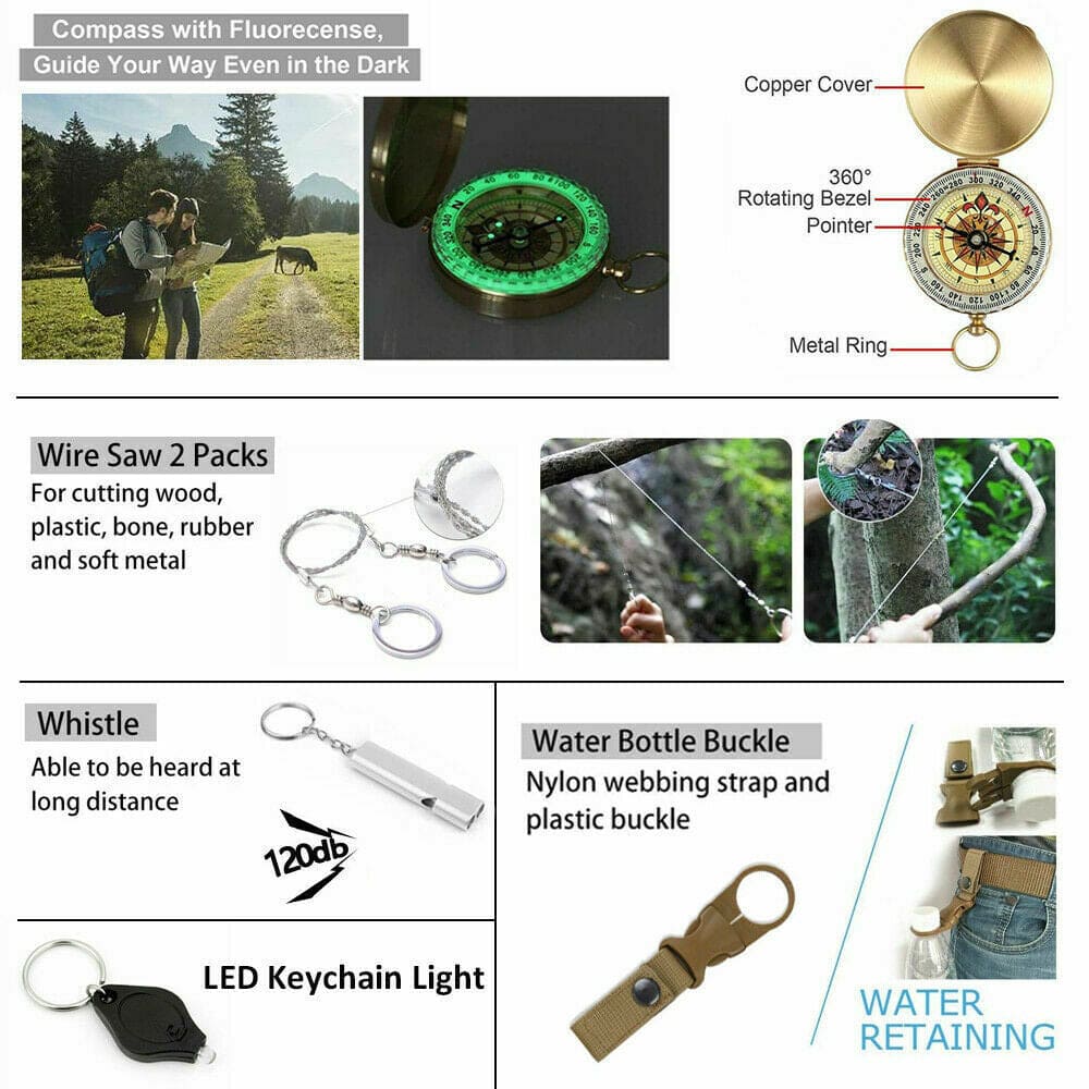 14-In-1 Outdoor Emergency Survival Kit for camping, hiking, and tactical use.