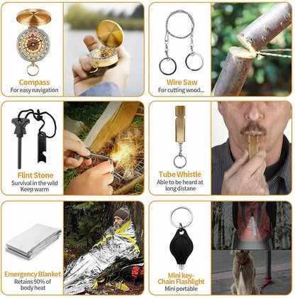 14-In-1 Outdoor Emergency Survival Kit for camping, hiking, and tactical use.