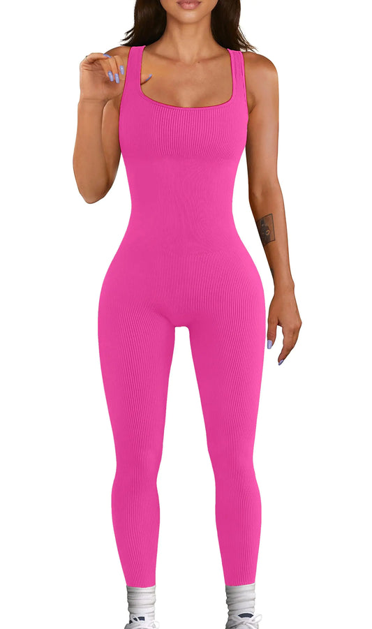 Women's Seamless Yoga Bodysuit Ribbed Tank Romper Medium Rose